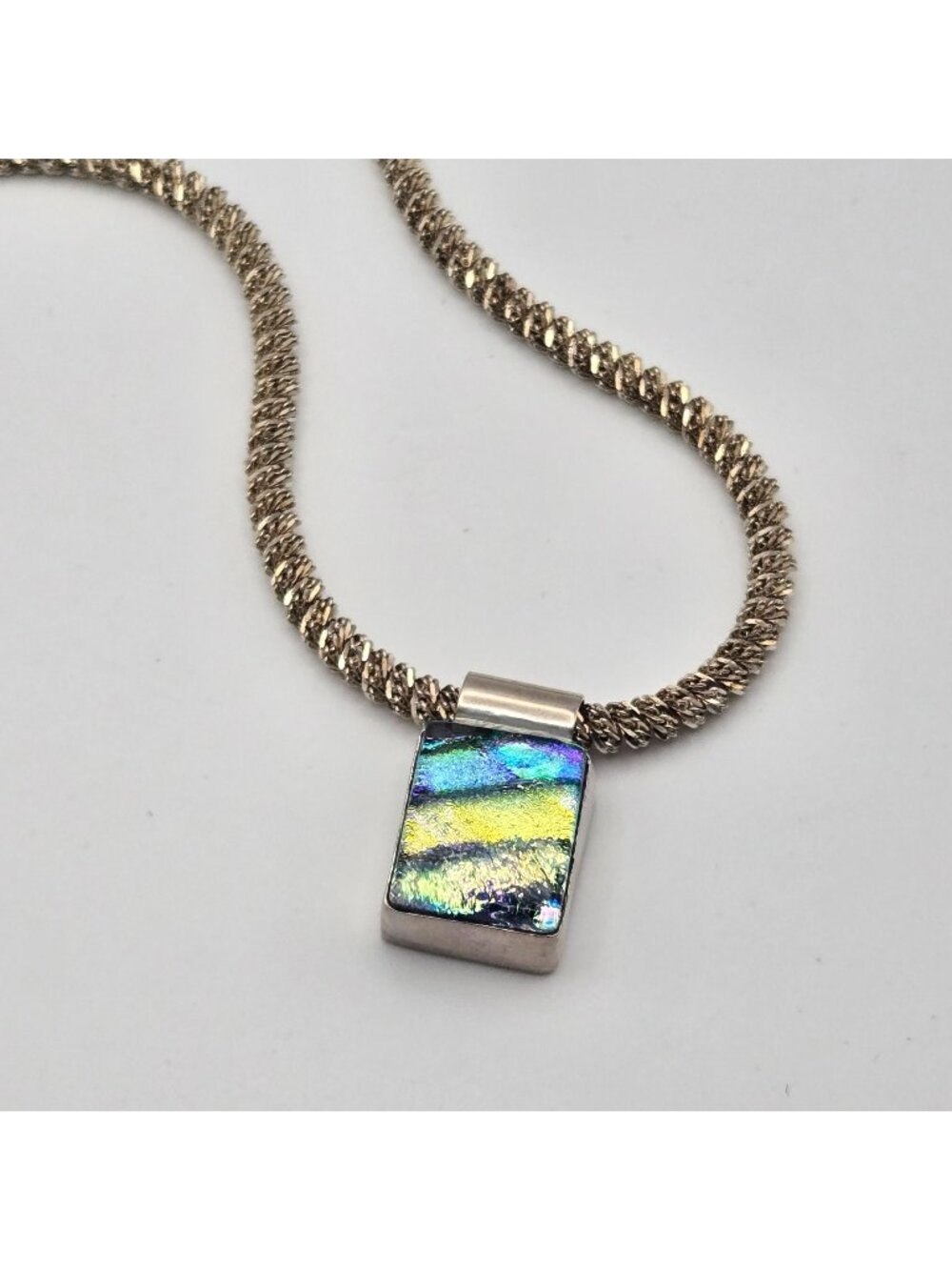 Vintage 90s Sterling Silver Chunky Necklace Dichroic Glass Pendant Twisted Chain